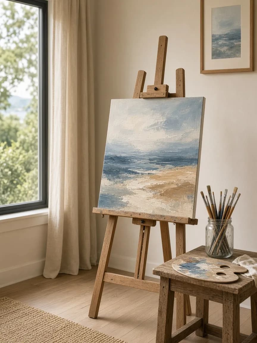 Art therapy room with a wooden easel holding a half-finished abstract painting in blue and sand tones