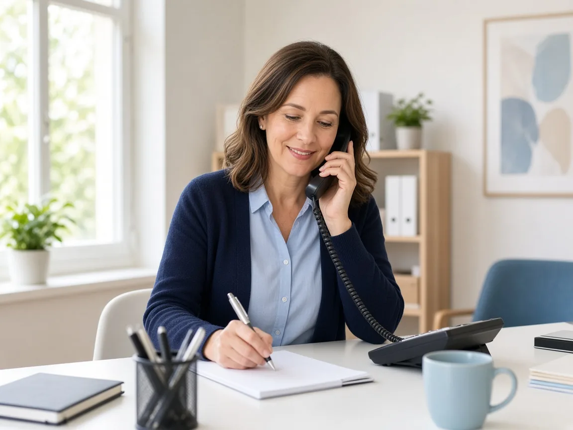 An admissions coordinator at a tidy desk in a bright office, speaking on the phone and writing on a notepad