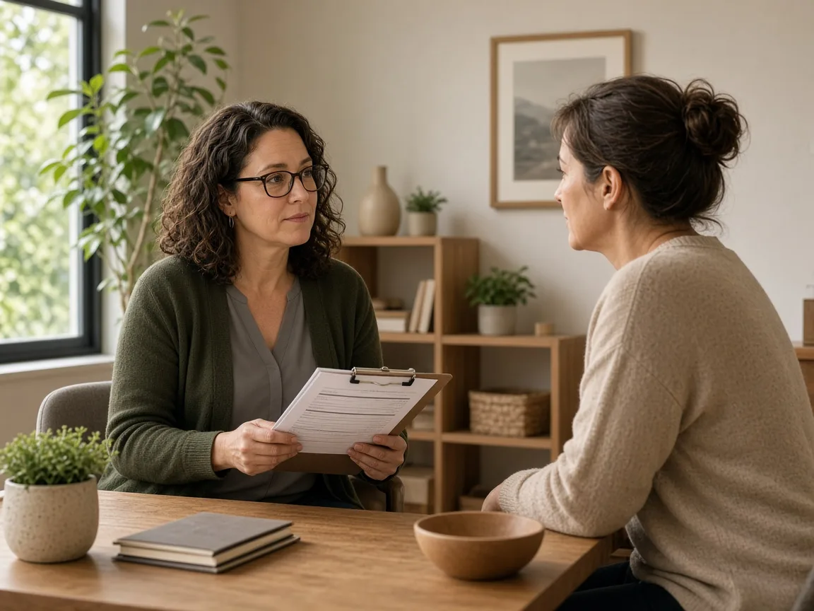 A clinician holding a clipboard with a questionnaire, listening to a client across a wooden desk in a warm office