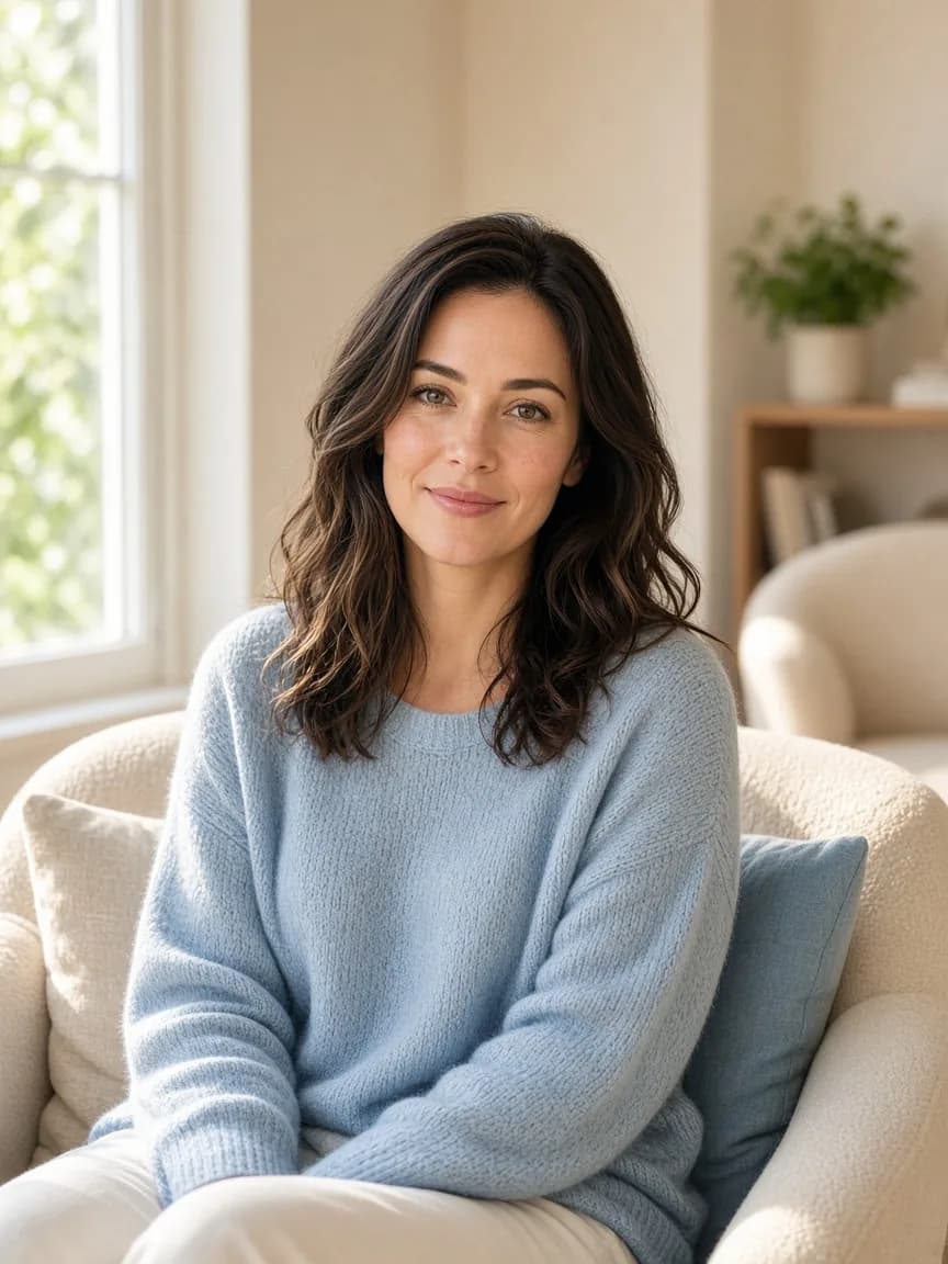 A woman sitting in a softly lit living-room armchair by a large window, facing the camera with a calm expression