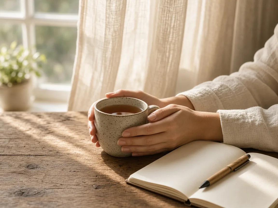 Hands wrapped around a warm mug of tea on a wooden table beside an open journal, near a sunlit window