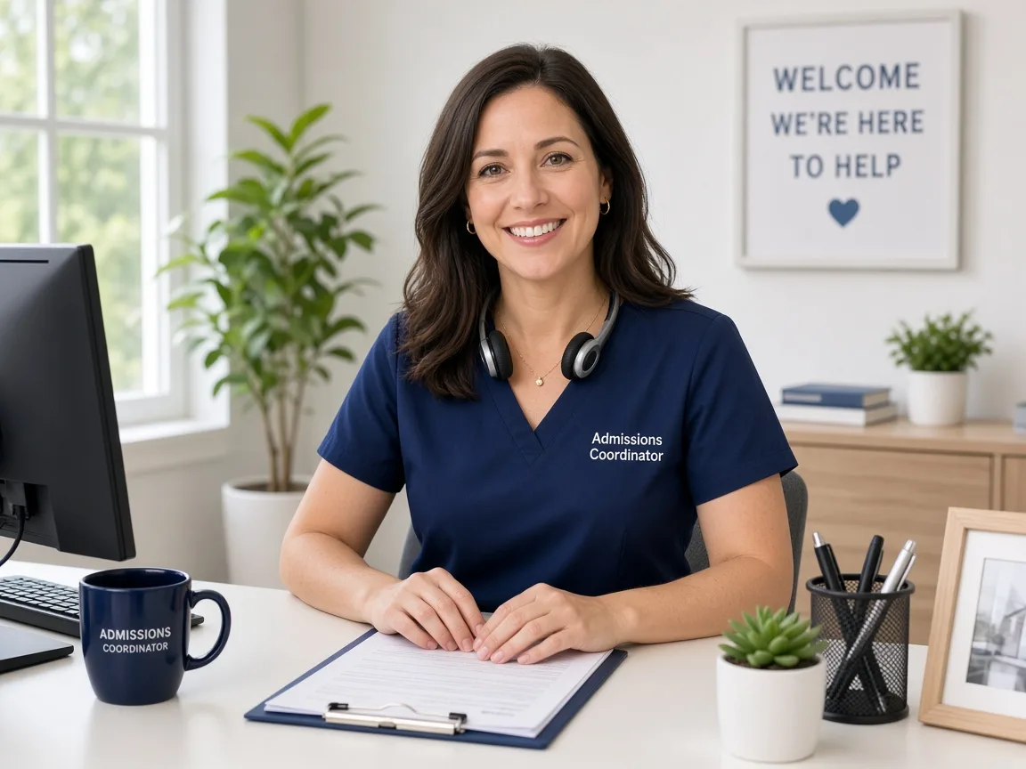 An admissions coordinator with a headset around her neck, smiling at the camera from her desk