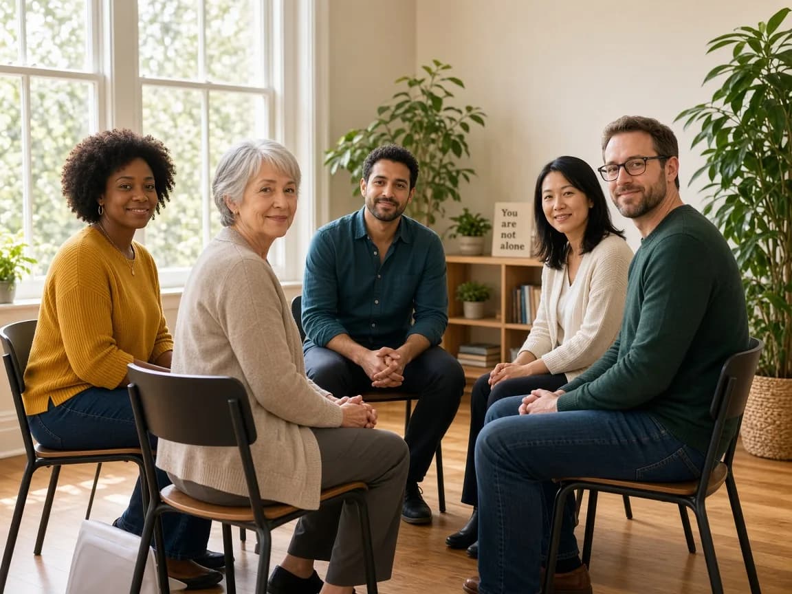 A small support group seated in a circle of chairs, facing toward the camera in a bright group room