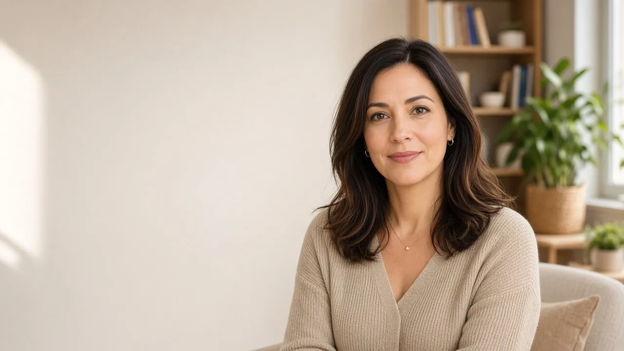 A woman seated in a bright therapy office, facing the camera with a calm, hopeful expression