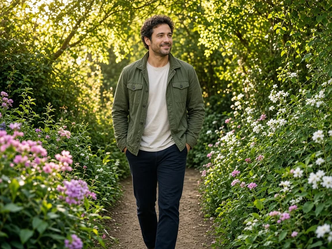 A man walking along a lush garden path toward the camera in soft morning light