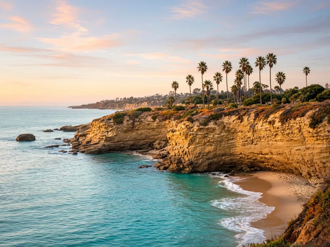 Sandstone cliffs above a calm turquoise cove on the San Diego coastline at golden hour