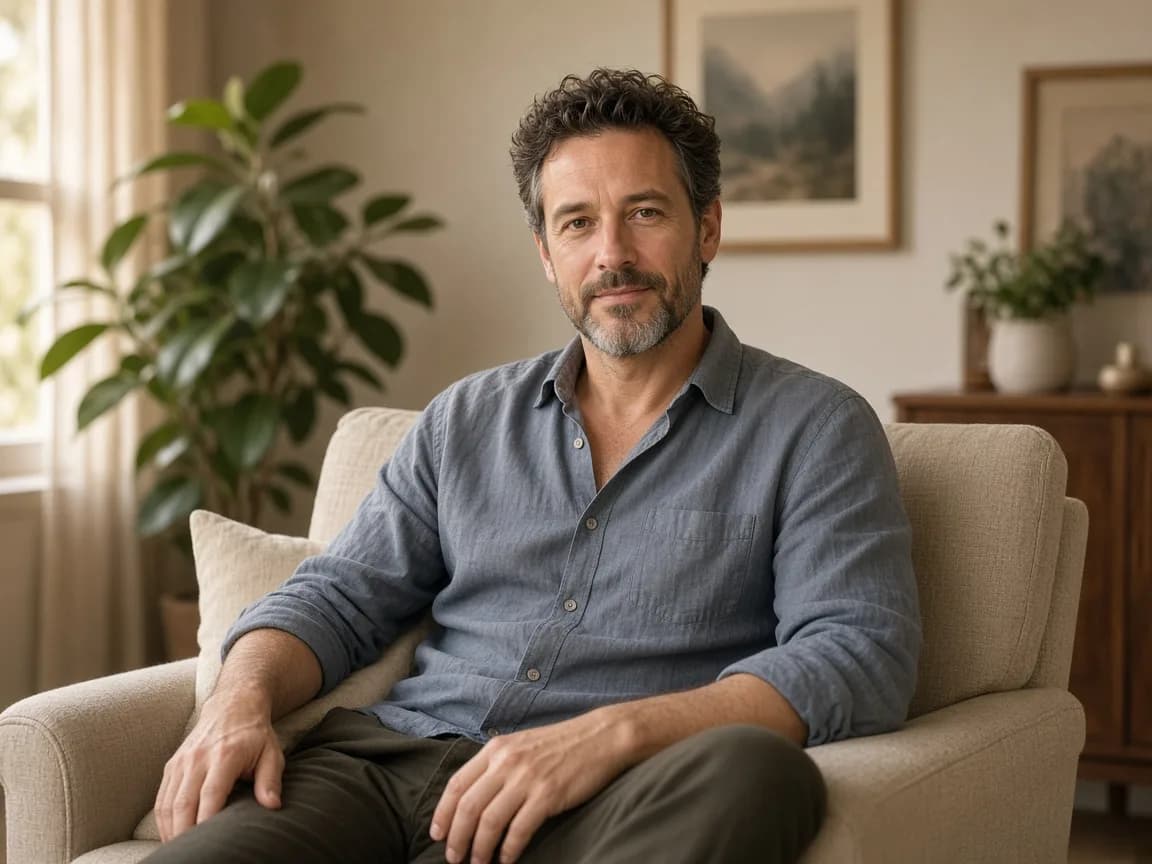 A man seated in a comfortable armchair in a warm therapy room, facing the camera calmly